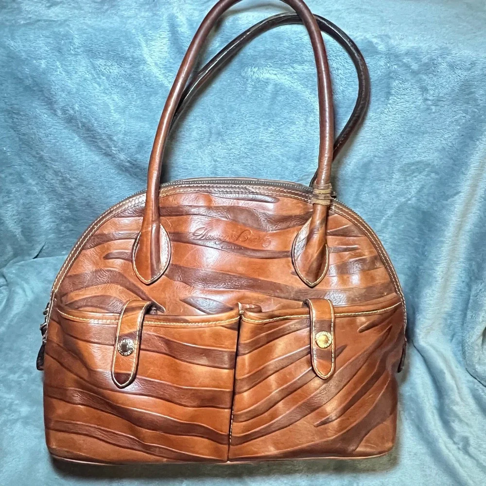 Dooney Bourke Leather Zebra Embossed Satchel Brown Shoulder Bag Large 90's - Picture 1 of 16